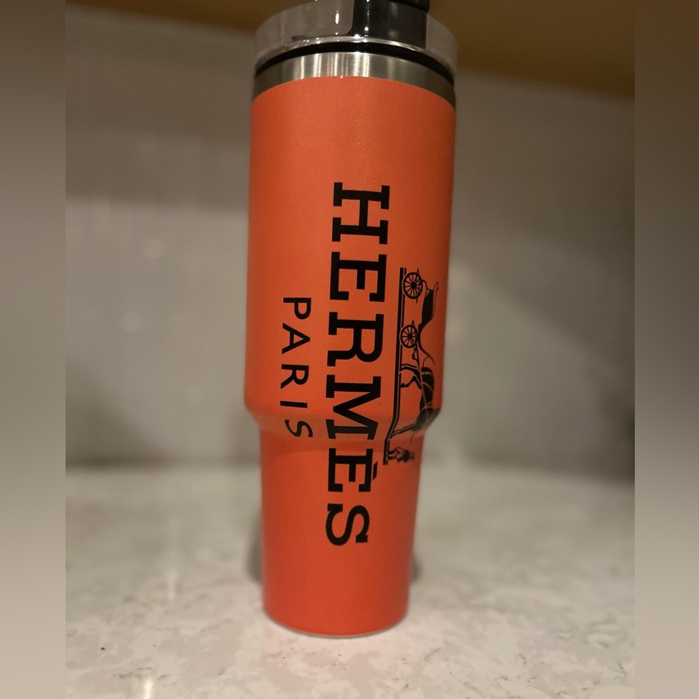 Hermes Paris Stanley Travel coffee mug black stainless steel Orange XL hot cold